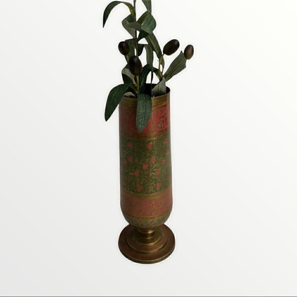 Vintage Etched Enamel Brass Footed Urn/Vase Red and Green Floral